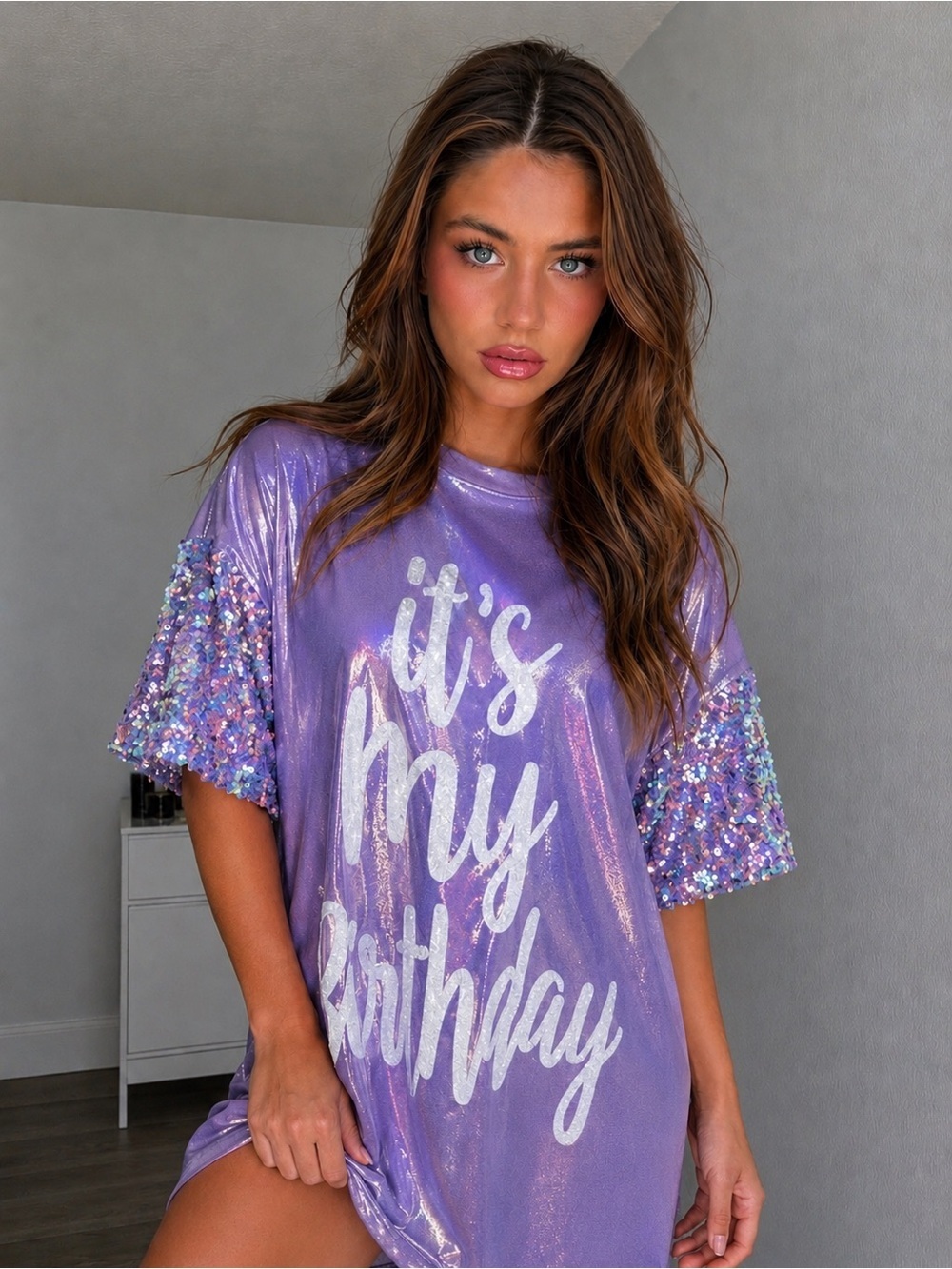 Birthday Queen Foil Sequin Dress in Lavender